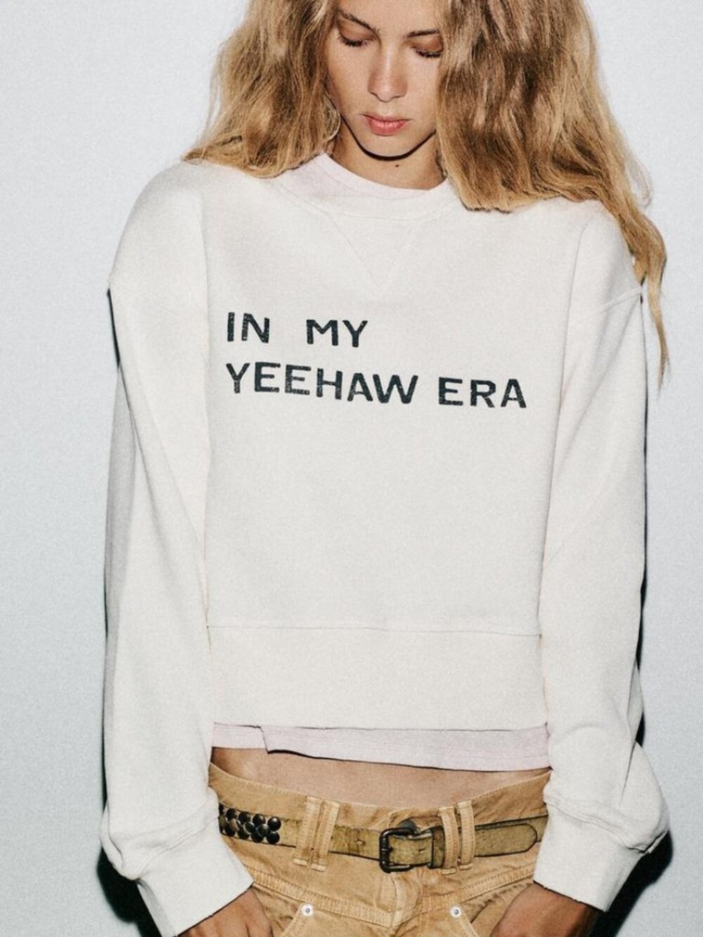 Zara "In My Yeehaw Era" Cropped Sweatshirt in Cream/ Beige